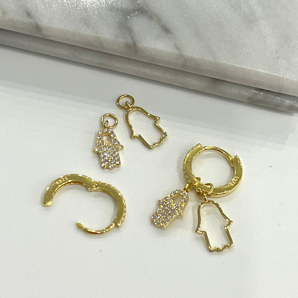 925 Sterling Double Hamsa CZ Huggie Hoops Earrings - Gold or Silver
