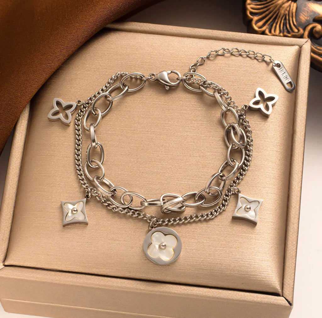 MOP Four Leaf Clover Charms Bracelet - Gold and Silver.