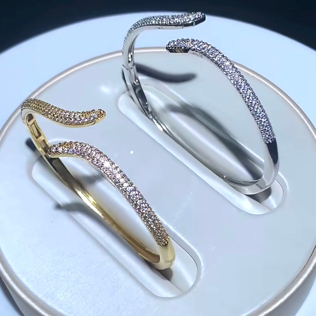 For Small Wrist 18k Gold Plated CZ Tail Shape Bangle Bracelet- Silver and Gold