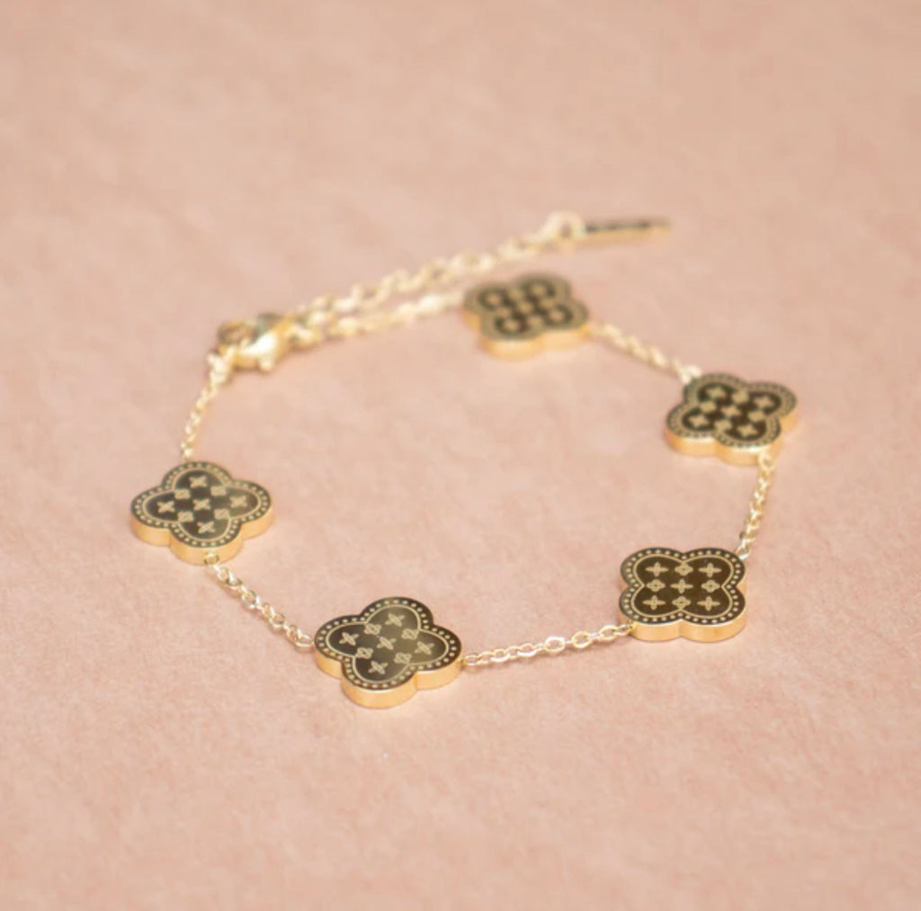 18k Gold Plated Both Sides Printed Four Leaf Clover Set (Necklace, Earrings and Bracelet).