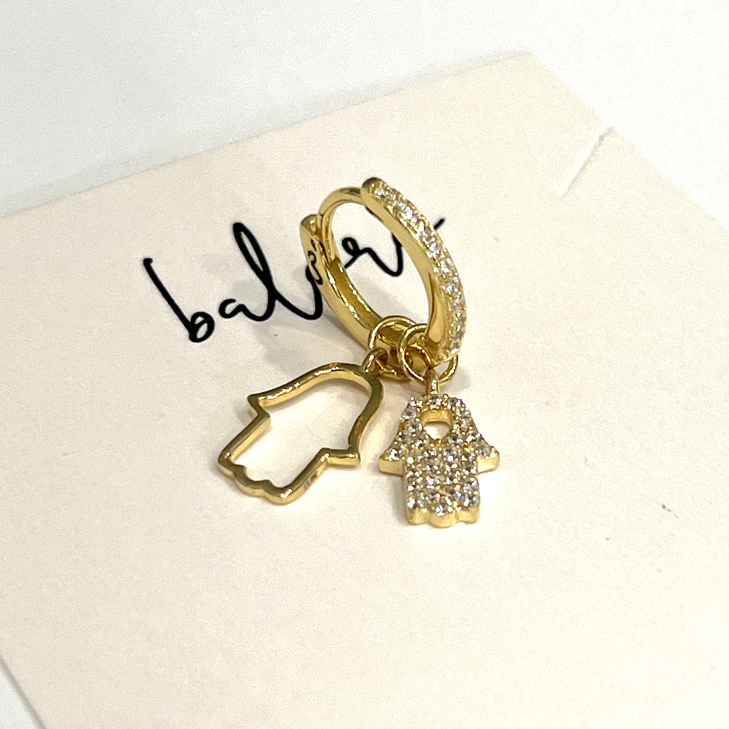 925 Sterling Double Hamsa CZ Huggie Hoops Earrings - Gold or Silver