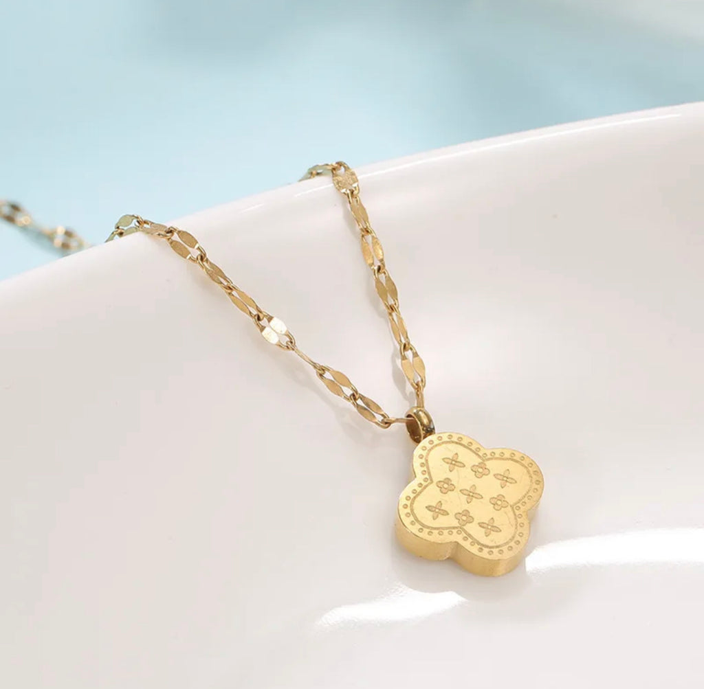 18k Gold Plated Both Sides Printed Four Leaf Clover Set (Necklace, Earrings and Bracelet).