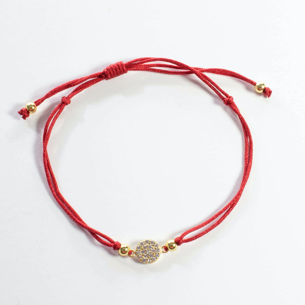 Red String CZ Disc Bracelet - Gold or Silver