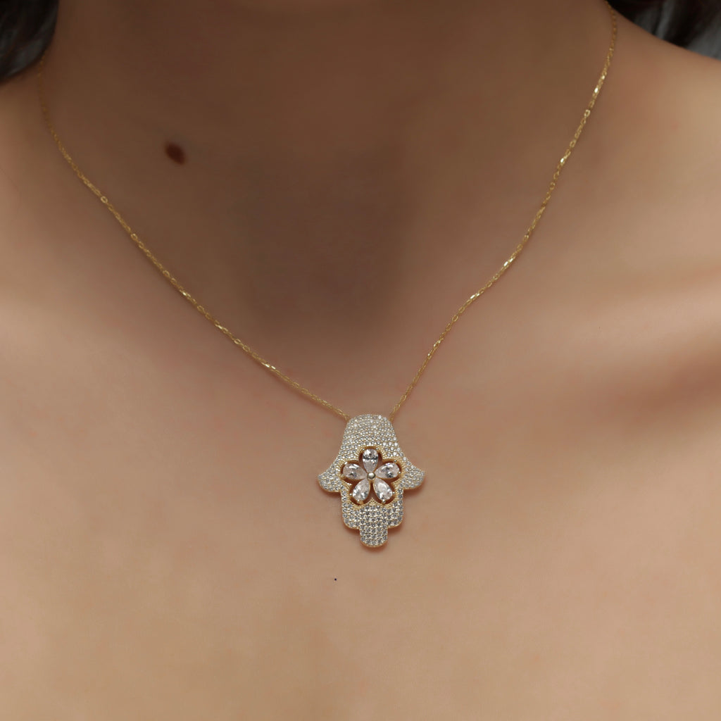 Sterling Silver CZ Hamsa Necklace - Gold
