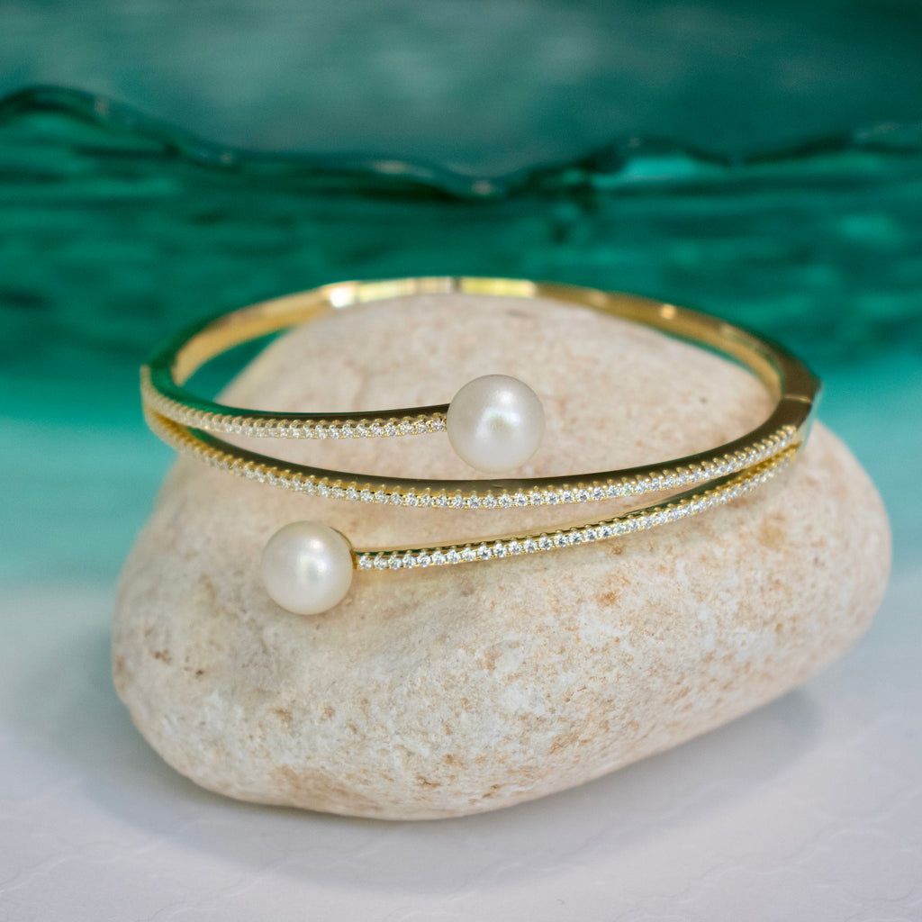 Bangle Freshwater Pearl CZ Bracelet - Gold or Silver