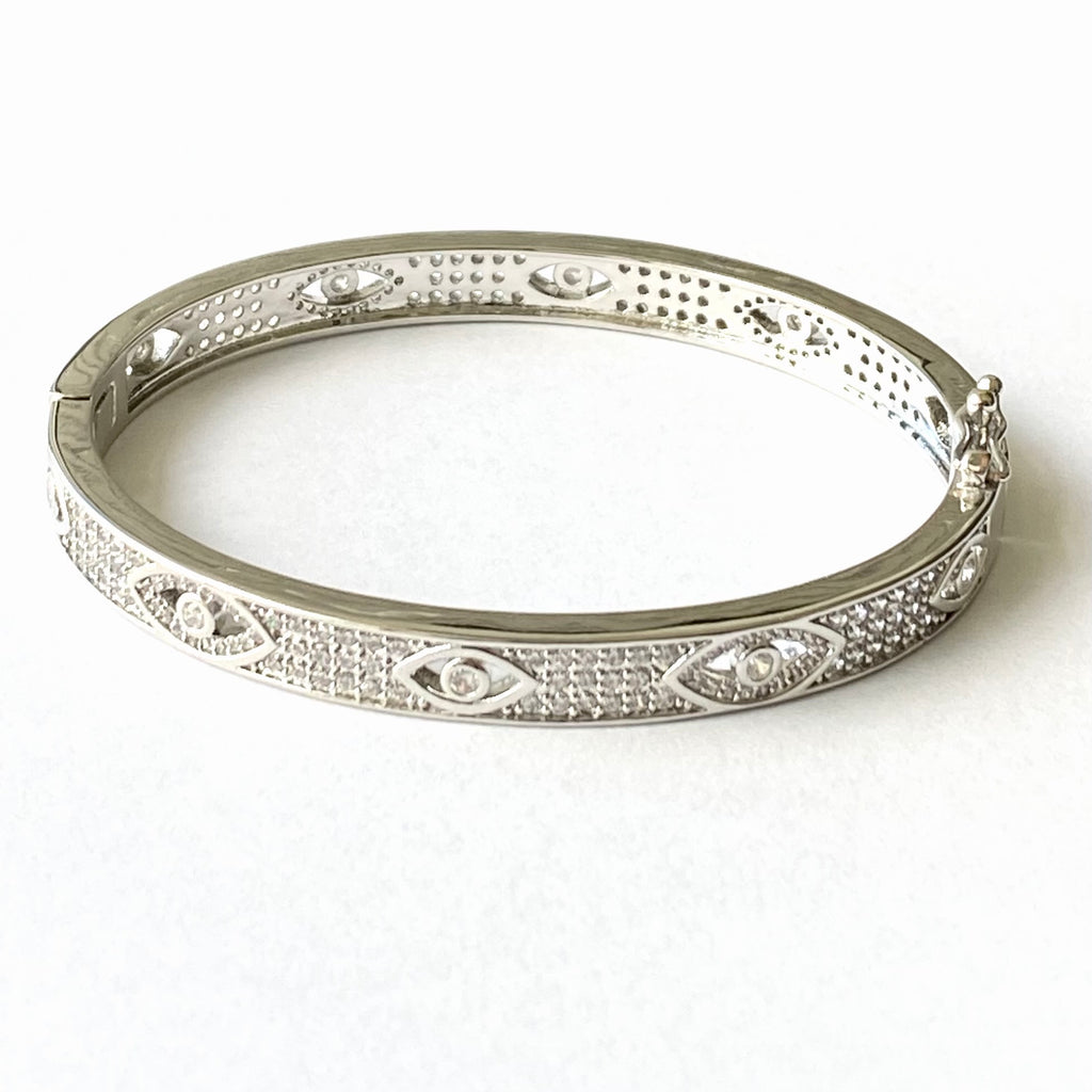 Fancy Pave CZ Evil Eye Bangle Bracelet - Gold and Silver