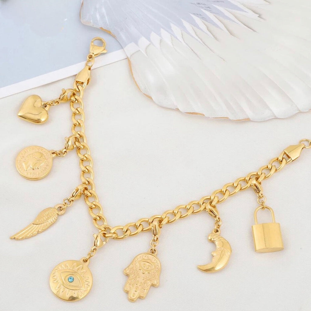 Stainless Steel Multi Pendant Bracelet - Gold