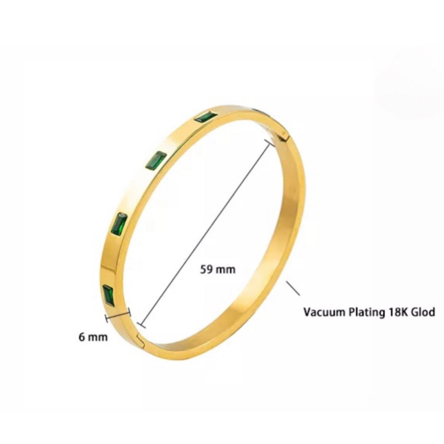 Green CZ Stainless Steel Bangle Bracelet - Gold