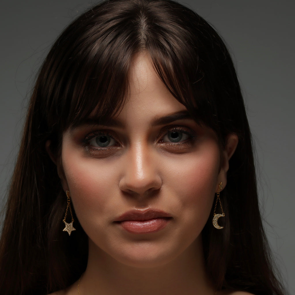 CZ Moon and Star Chain Drop Earring - Silver