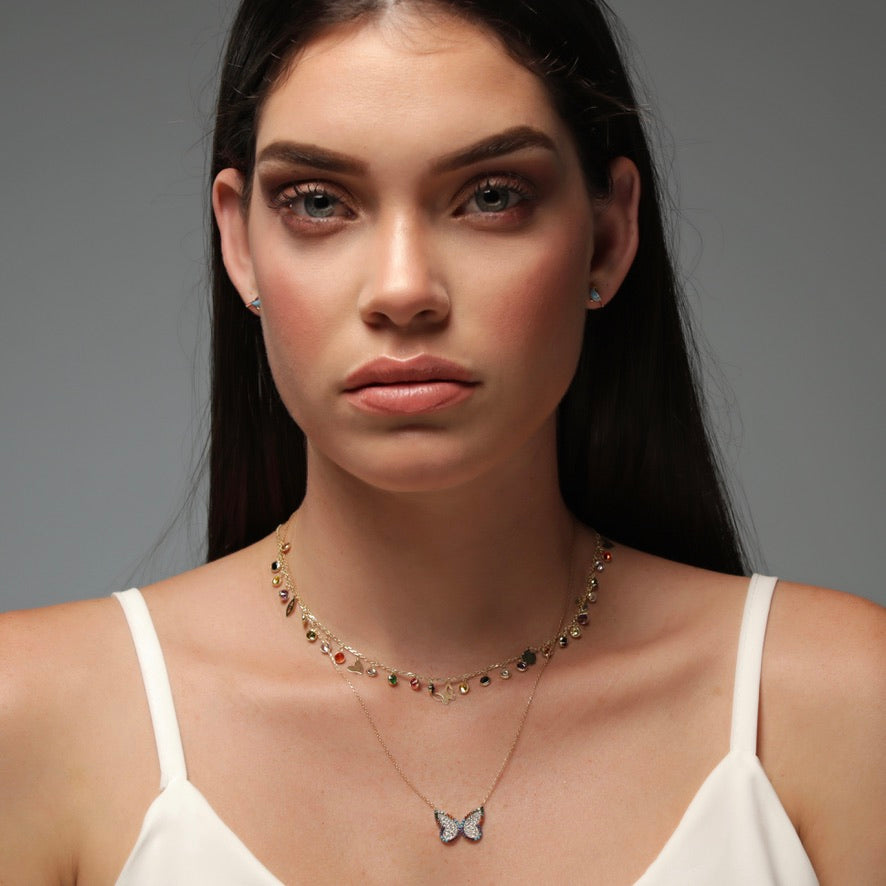 CZ Butterfly Trimmed in Multicolor Necklace - Gold