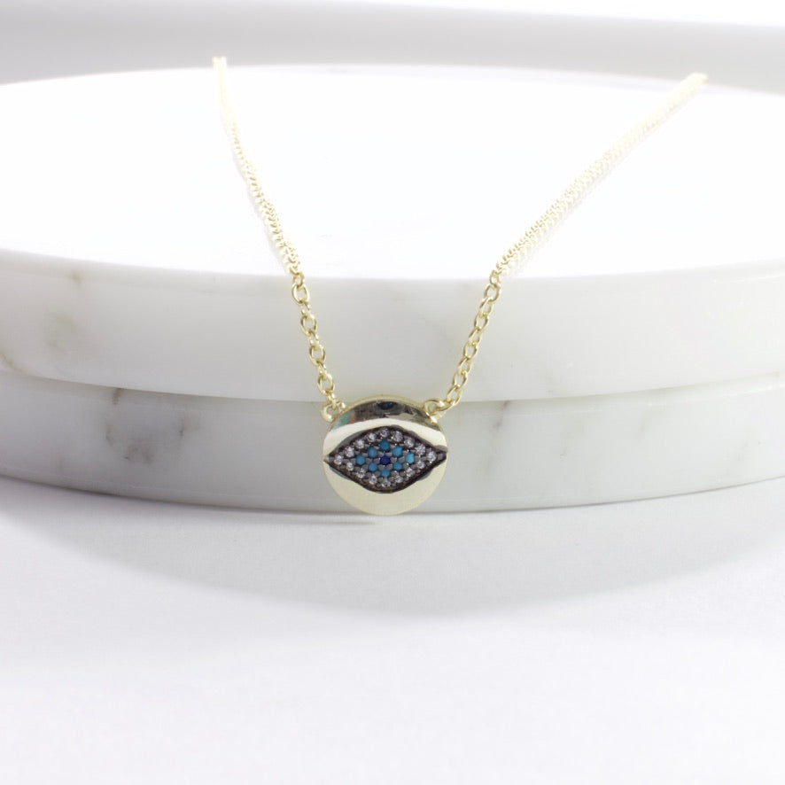 Small CZ Evil Eye Pendant Necklace - Gold