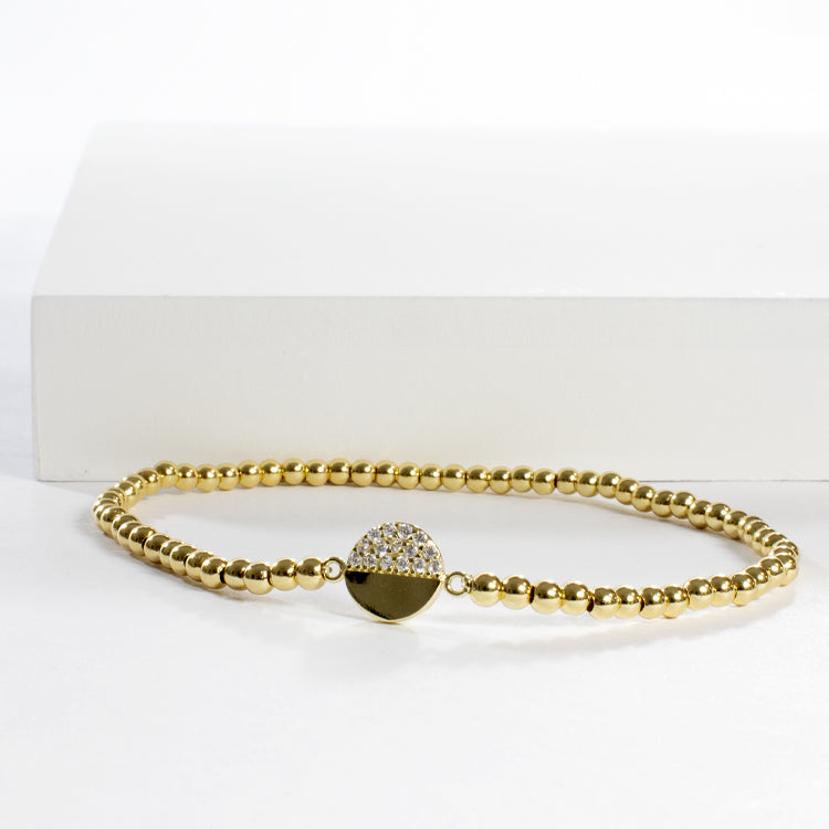 Stretch Beaded Bracelet With Half CZ Pave Disc-Bracelets-Balara Jewelry