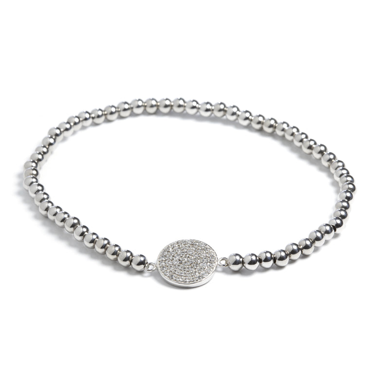 Stretch Beaded Bracelet with CZ Pave Disc - Gold or Silver-Bracelets-Balara Jewelry