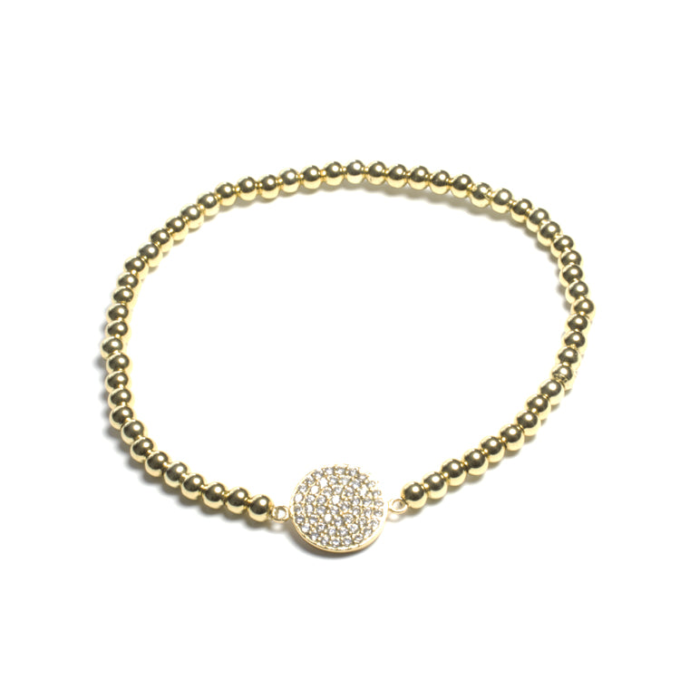 Stretch Beaded Bracelet with CZ Pave Disc - Gold or Silver-Bracelets-Balara Jewelry
