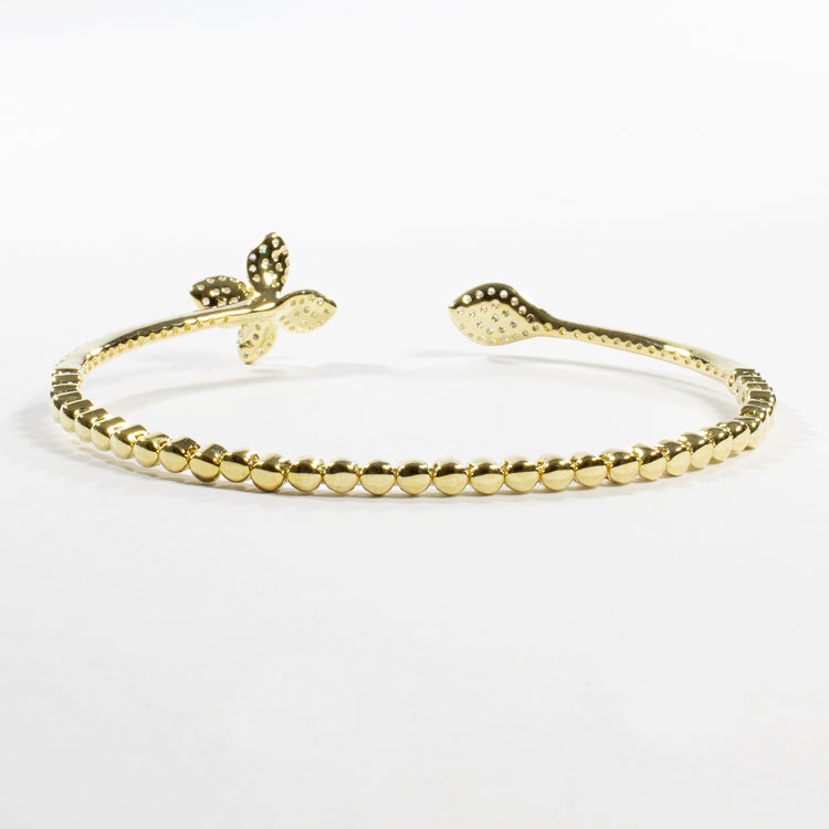Cuff Bracelet with CZ Flower and Leaf - Gold or Silver-Bracelets-Balara Jewelry