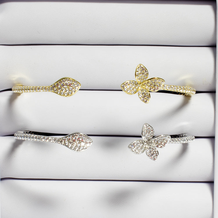 Cuff Bracelet with CZ Flower and Leaf - Gold or Silver-Bracelets-Balara Jewelry