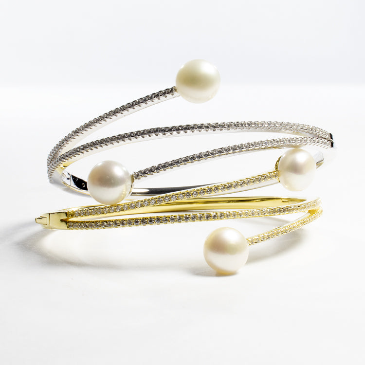 Bangle Freshwater Pearl CZ Bracelet - Gold or Silver-Bracelets-Balara Jewelry