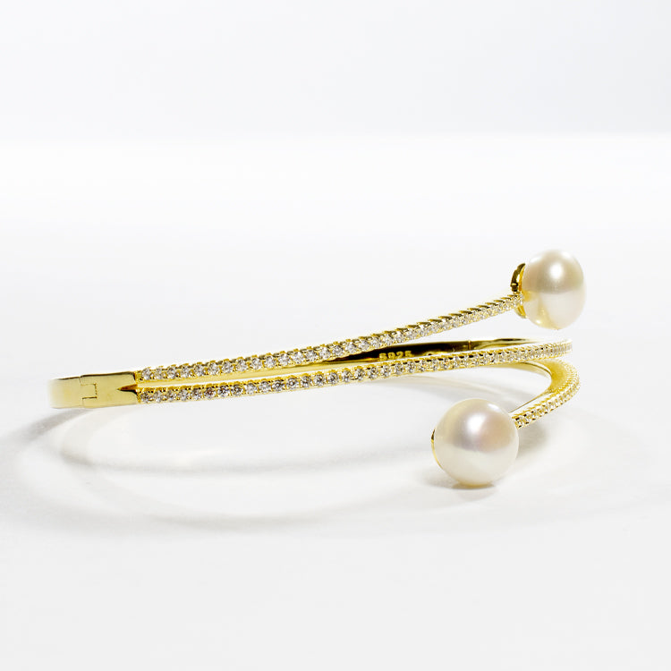 Bangle Freshwater Pearl CZ Bracelet - Gold or Silver-Bracelets-Balara Jewelry