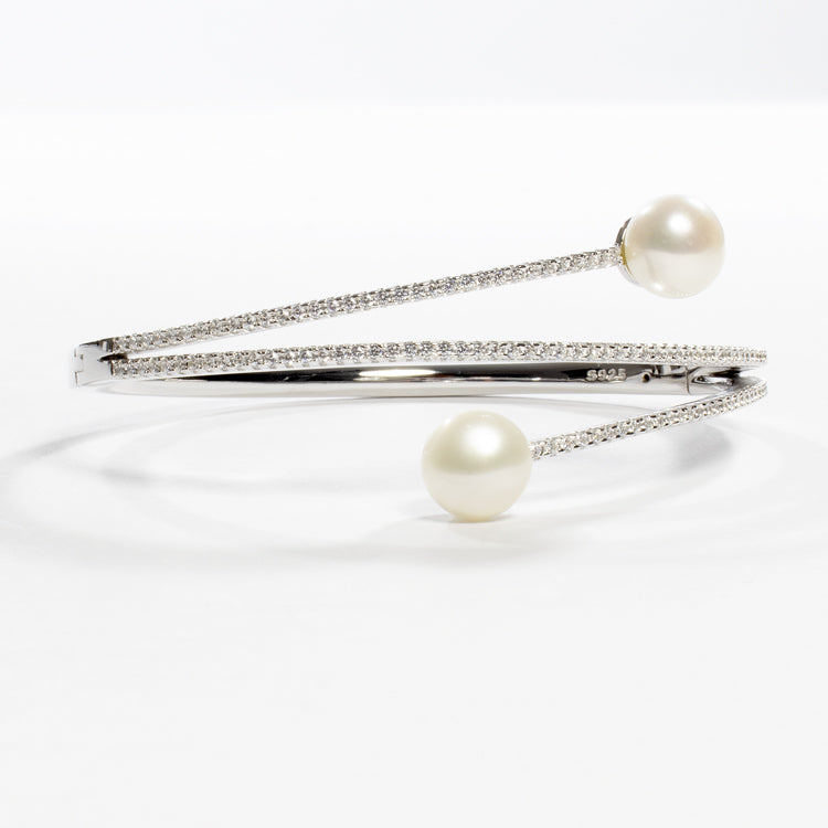 Bangle Freshwater Pearl CZ Bracelet - Gold or Silver-Bracelets-Balara Jewelry