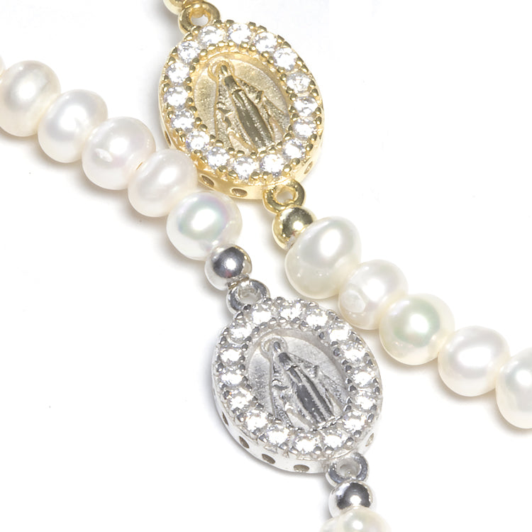 Freshwater Pearl Stretch Bracelet With Religious CZ Charm-Bracelets-Balara Jewelry