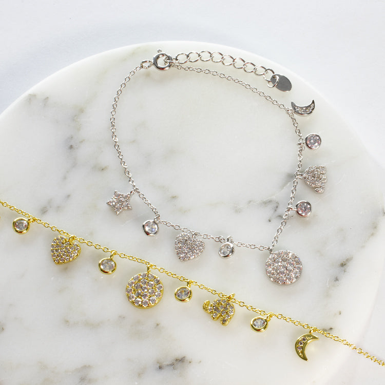 Multi Charm CZ Bracelet - Gold or Silver-Bracelets-Balara Jewelry