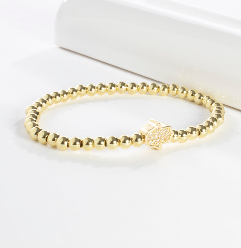 Stretch Beaded CZ Hamsa Bracelet - Gold