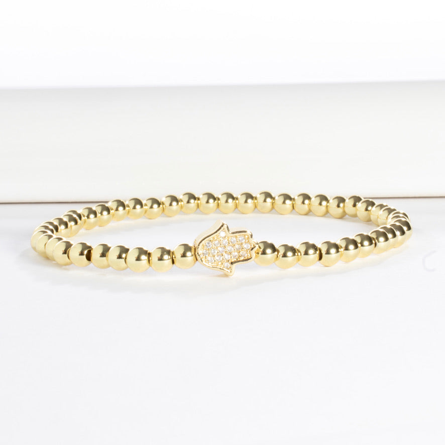 Stretch Beaded CZ Hamsa Bracelet - Gold