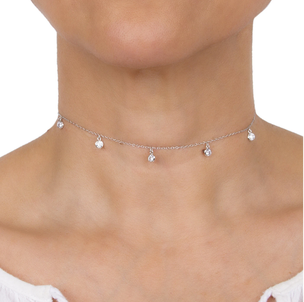Multi Bezel CZ Drop Choker - Gold or Silver-Necklaces-Balara Jewelry