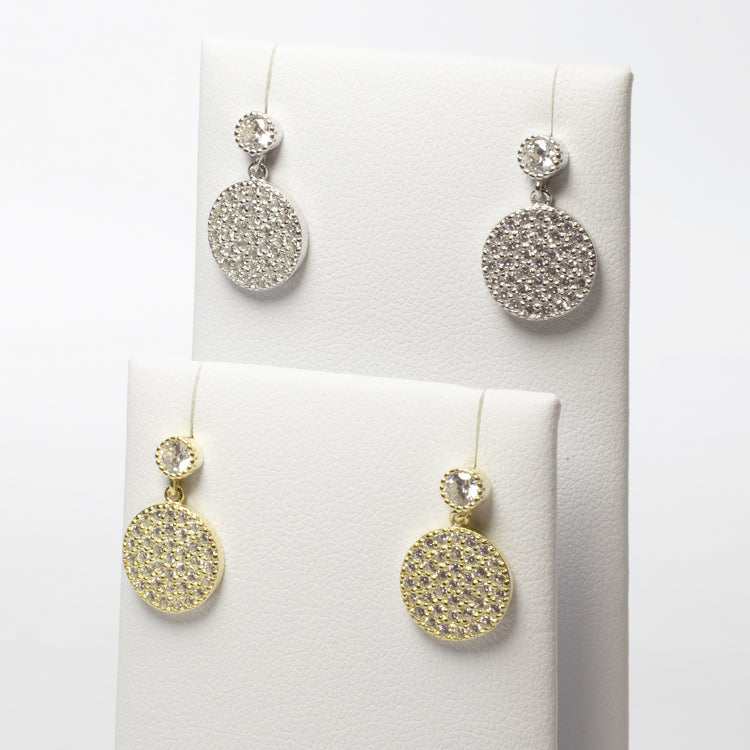 Pave CZ Disc Dangling Earrings - Gold or Silver-Earrings-Balara Jewelry