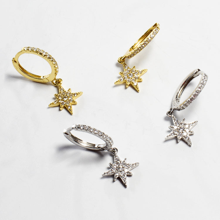 Dangling CZ North Star Huggies - Gold or Silver-Earrings-Balara Jewelry