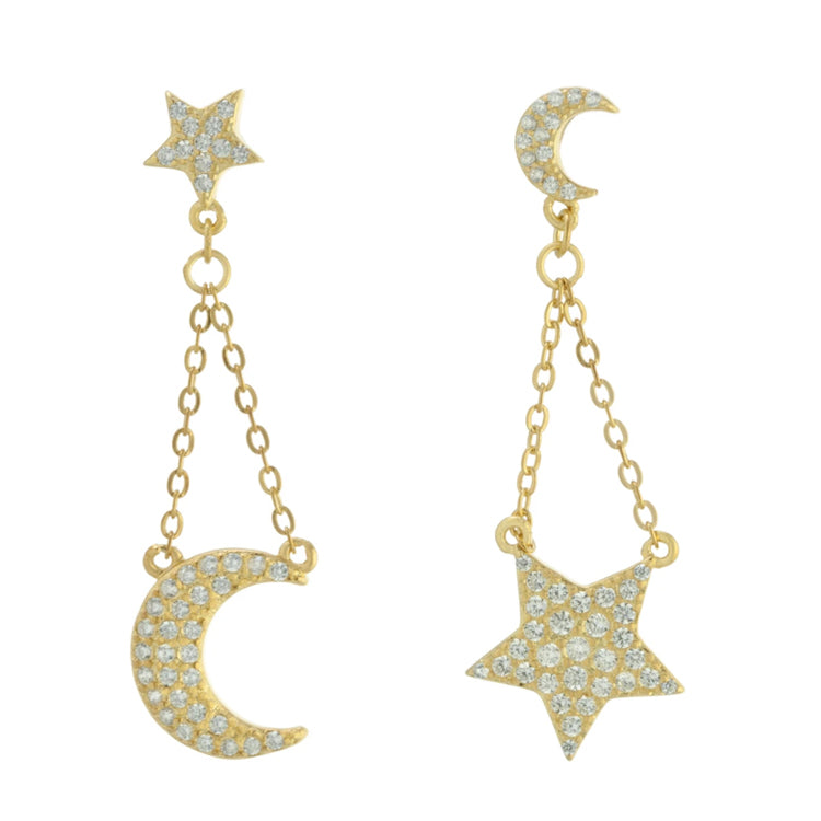 CZ Moon and Star Chain Drop Earring - Gold or Silver-Earrings-Balara Jewelry