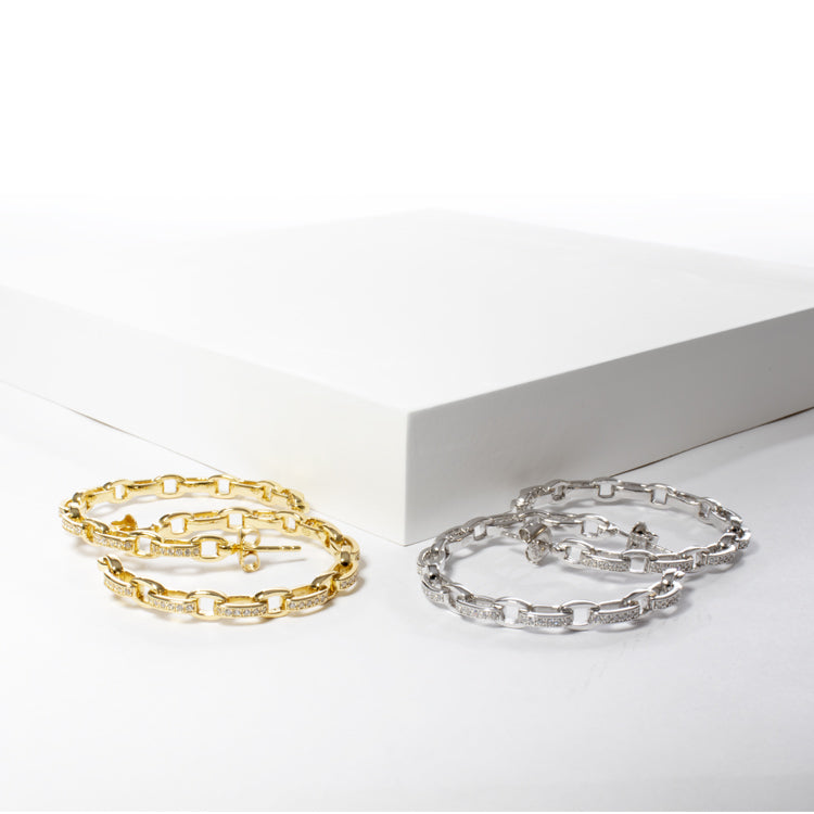 CZ Link Hoop - Gold or Silver-Earrings-Balara Jewelry