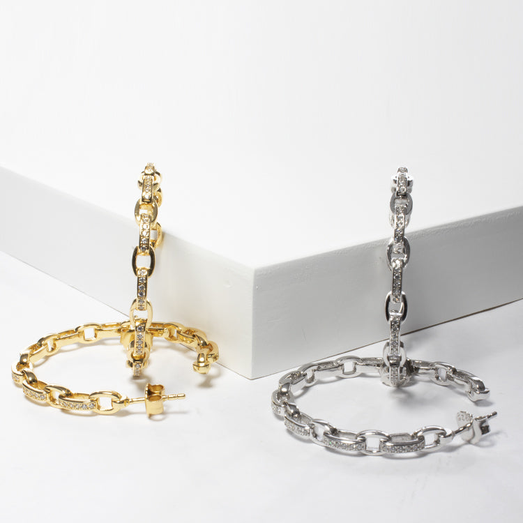 CZ Link Hoop - Gold or Silver-Earrings-Balara Jewelry