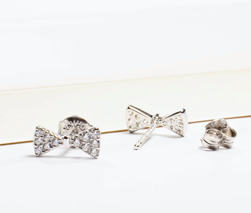 Small CZ Bow Stud Earrings - Silver