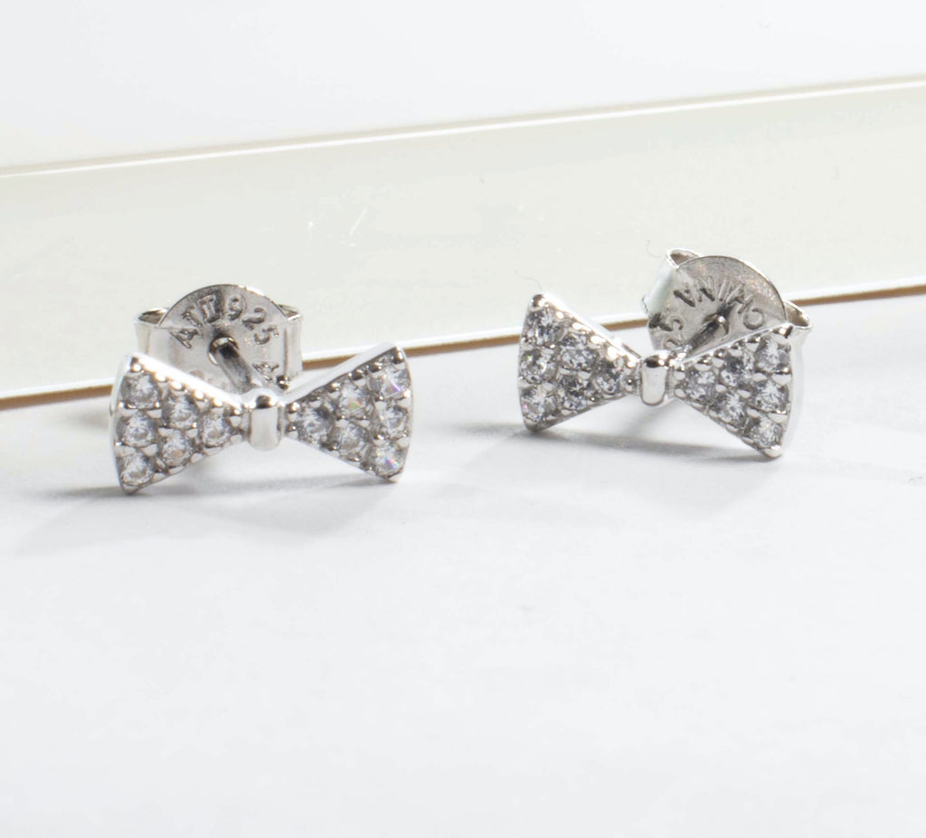 Small CZ Bow Stud Earrings - Silver