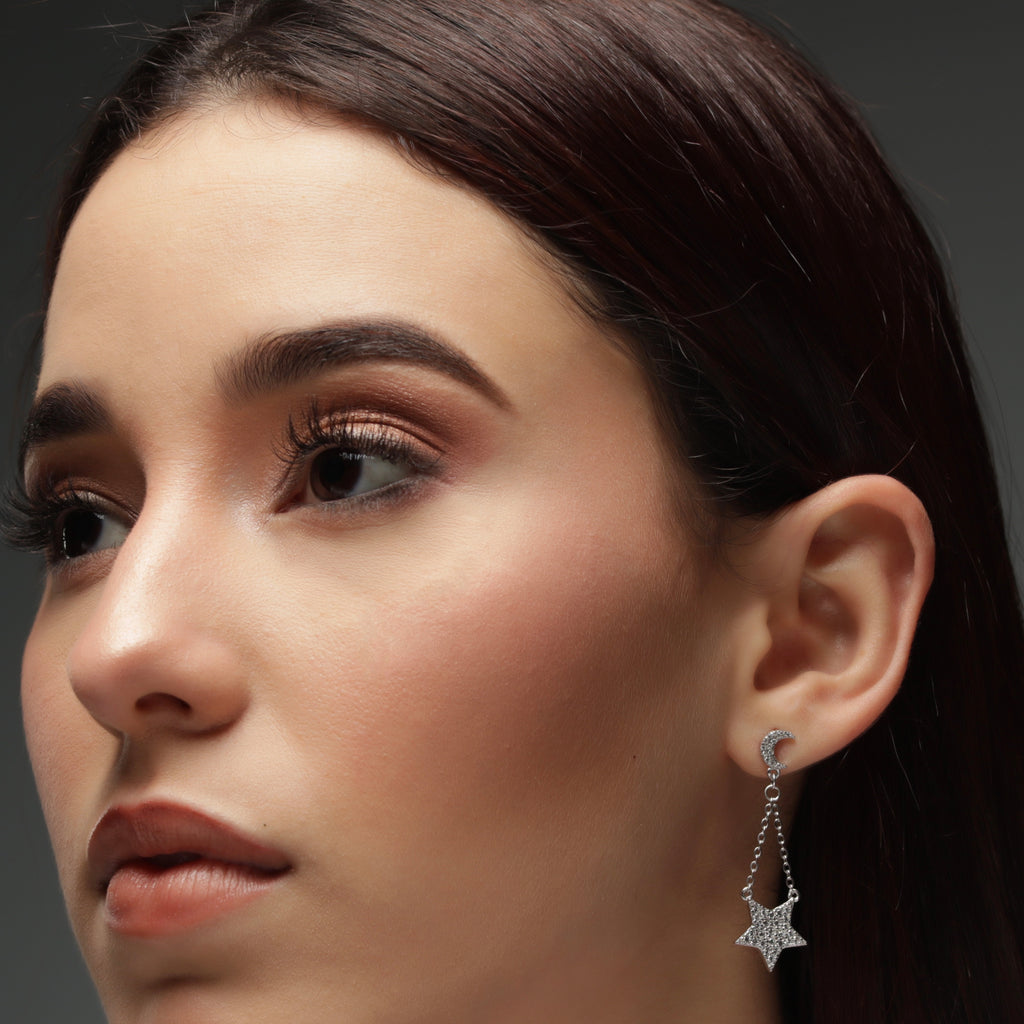 CZ Moon and Star Chain Drop Earring - Silver