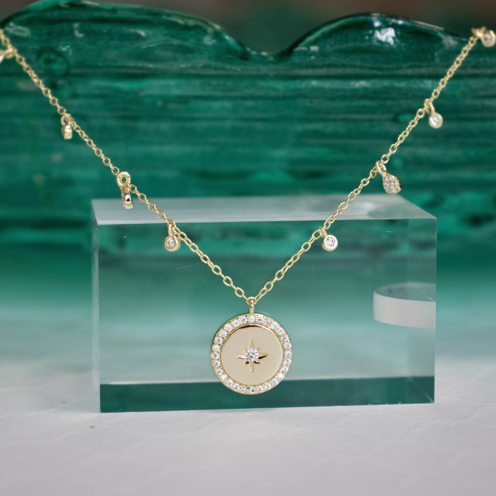 CZ Starburst Disc Necklace - Gold