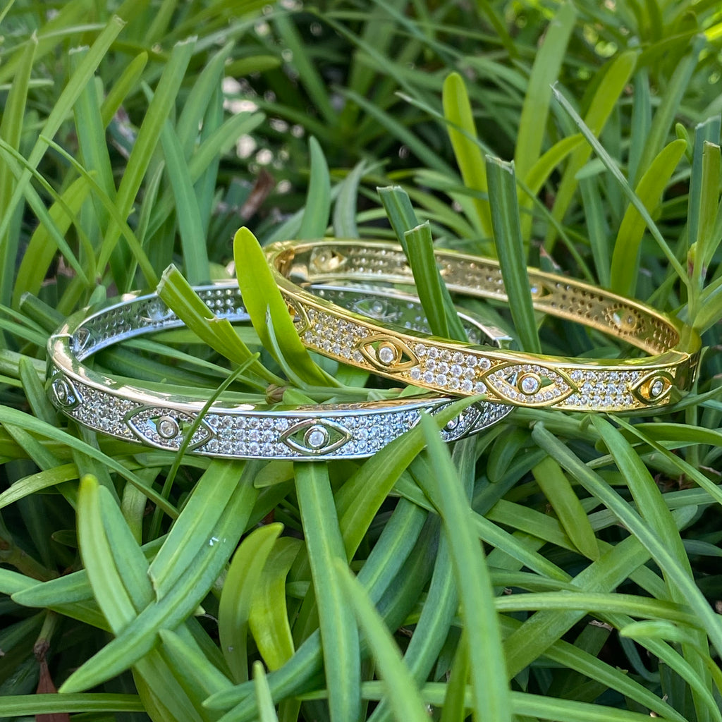 Fancy Pave CZ Evil Eye Bangle Bracelet - Gold and Silver