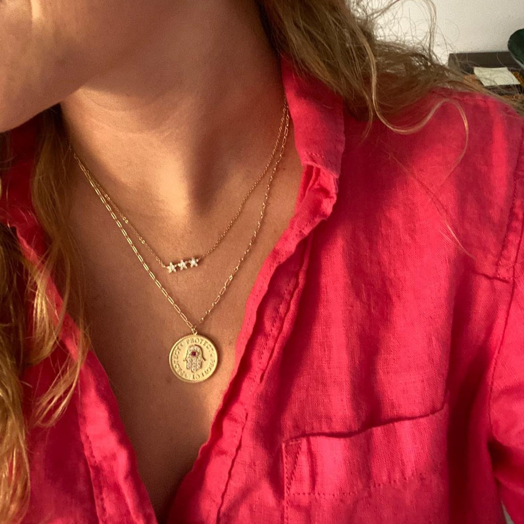 Hamsa CZ Coin Pendant Necklace - Gold