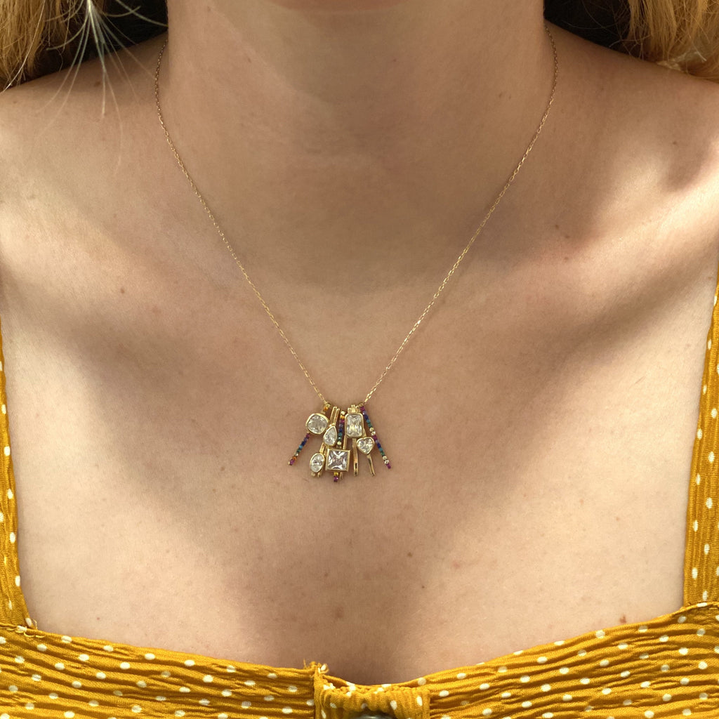Multicolor Drop Charm Necklace - Gold