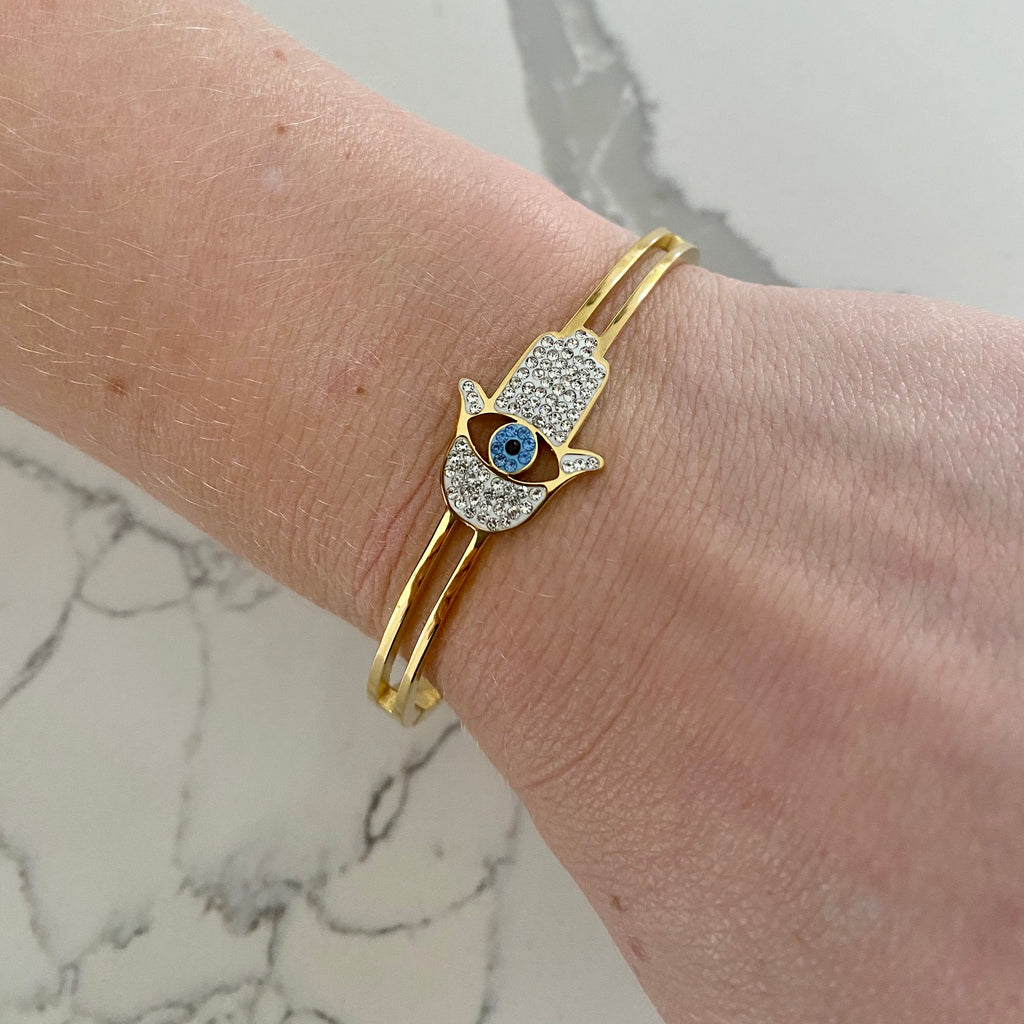 CZ Hamsa - Evil Eye Bangle Bracelet - Gold and Silver