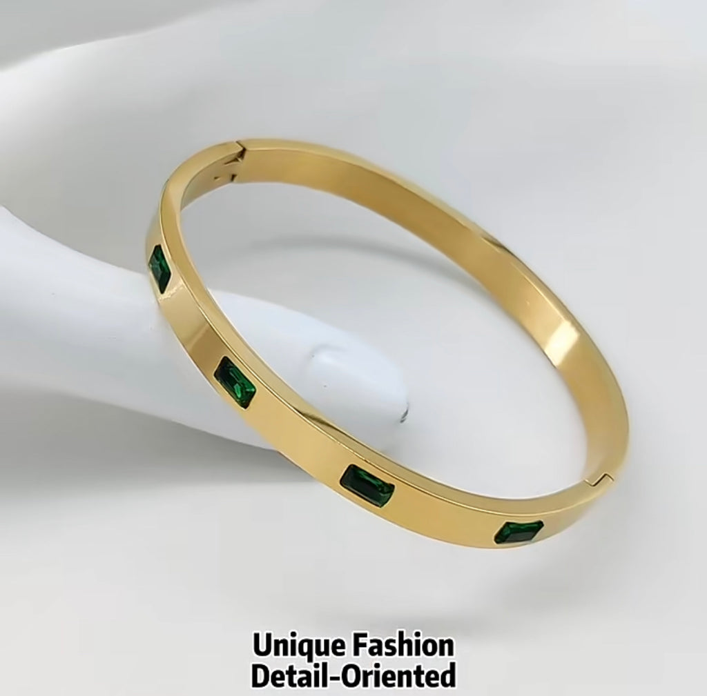 Green CZ Stainless Steel Bangle Bracelet - Gold
