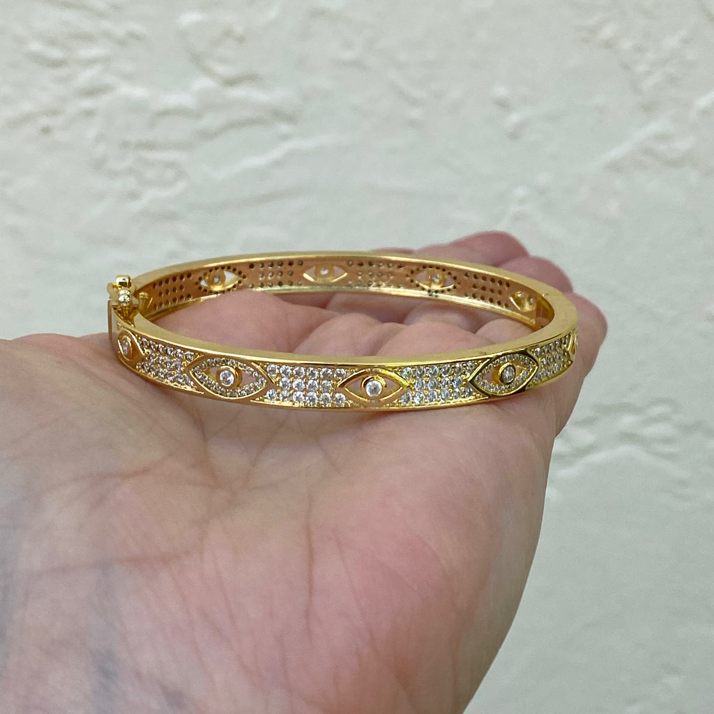 Fancy Pave CZ Evil Eye Bangle Bracelet - Gold and Silver