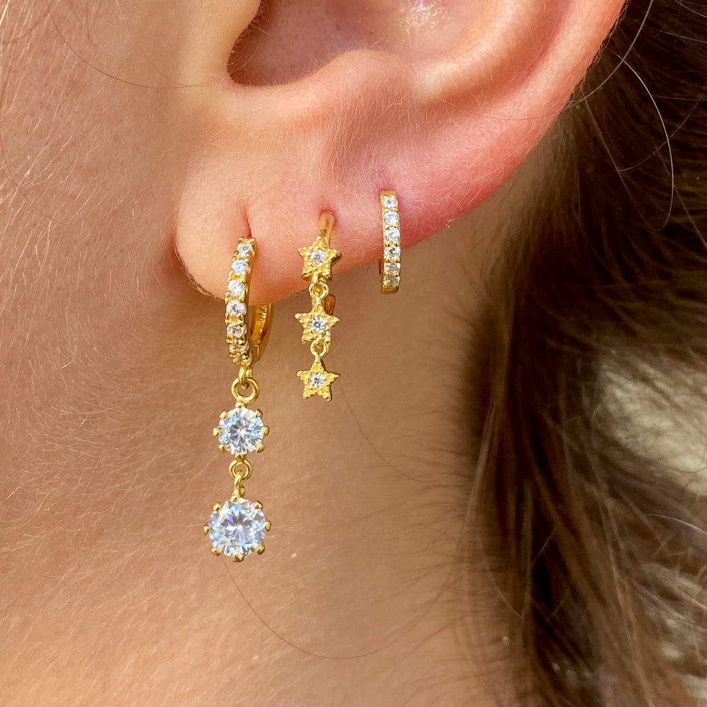 Bezel CZ Dangling Huggie Earrings - Gold Or Silver