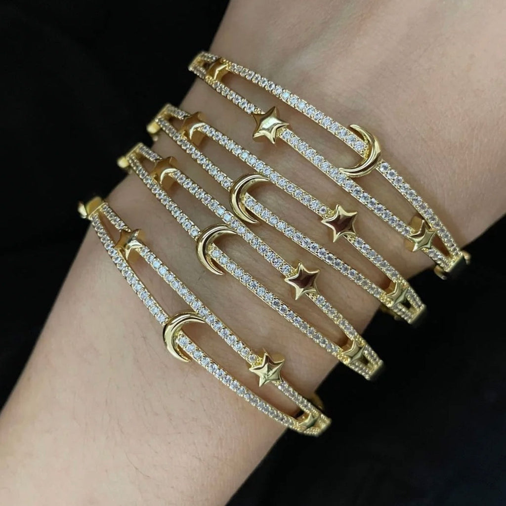 Pave CZ Moon and Star Cuff Bracelet - Gold