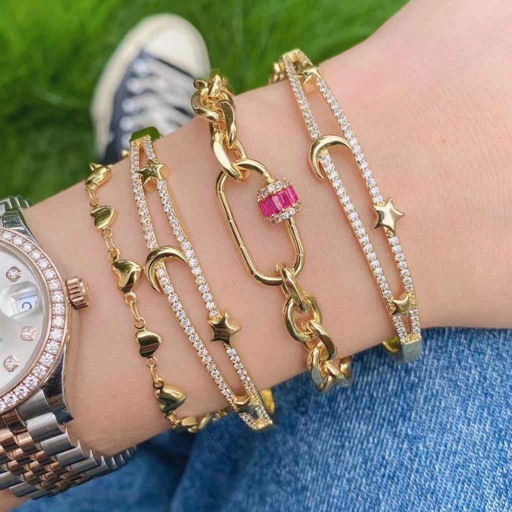 Pave CZ Moon and Star Cuff Bracelet - Gold