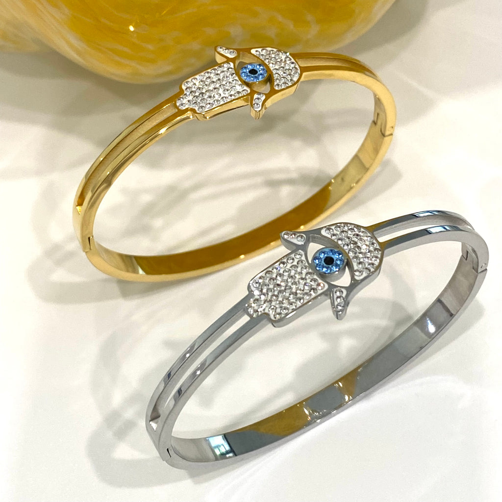 CZ Hamsa - Evil Eye Bangle Bracelet - Gold and Silver