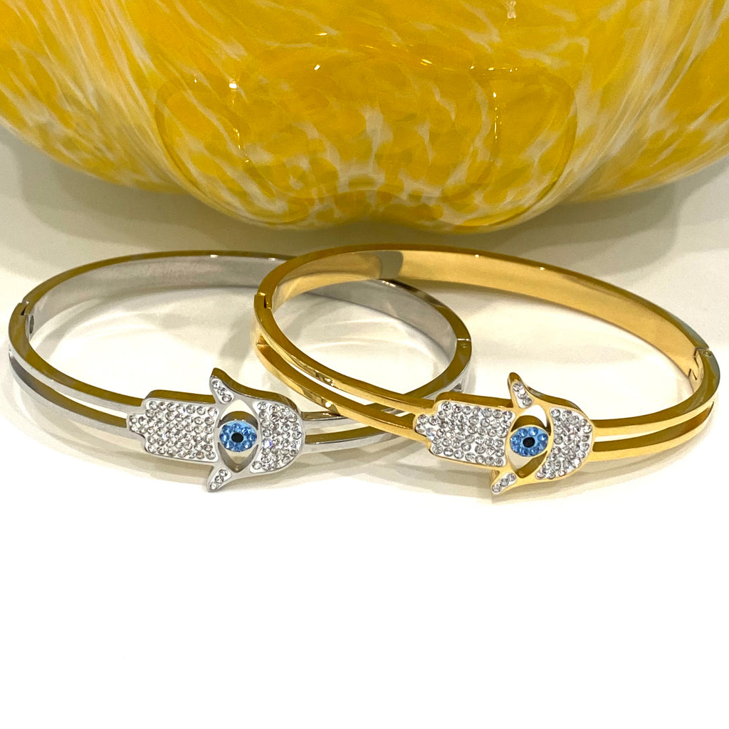 CZ Hamsa - Evil Eye Bangle Bracelet - Gold and Silver