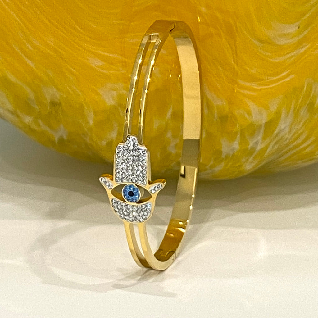 CZ Hamsa - Evil Eye Bangle Bracelet - Gold and Silver