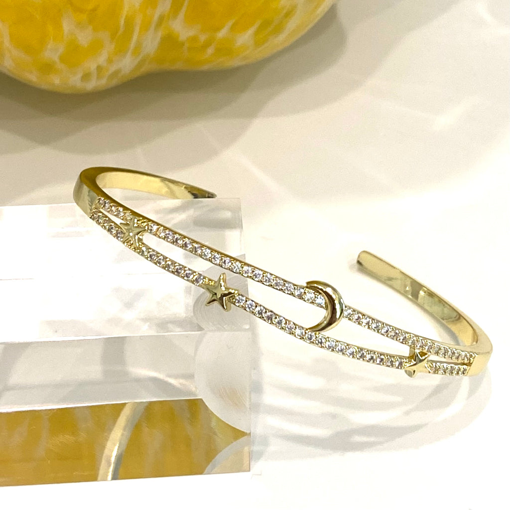 Pave CZ Moon and Star Cuff Bracelet - Gold